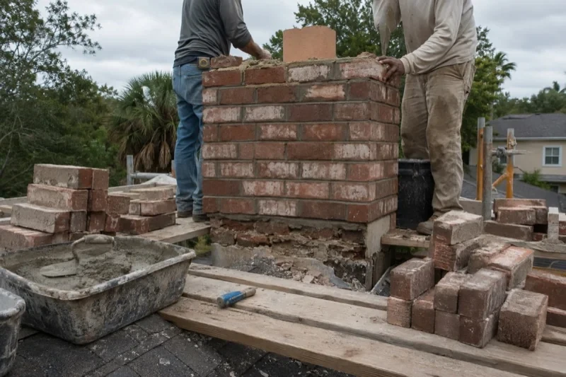 Two people beside a brick chimney section surrounded by loose bricks and mortar on a rooftop platform